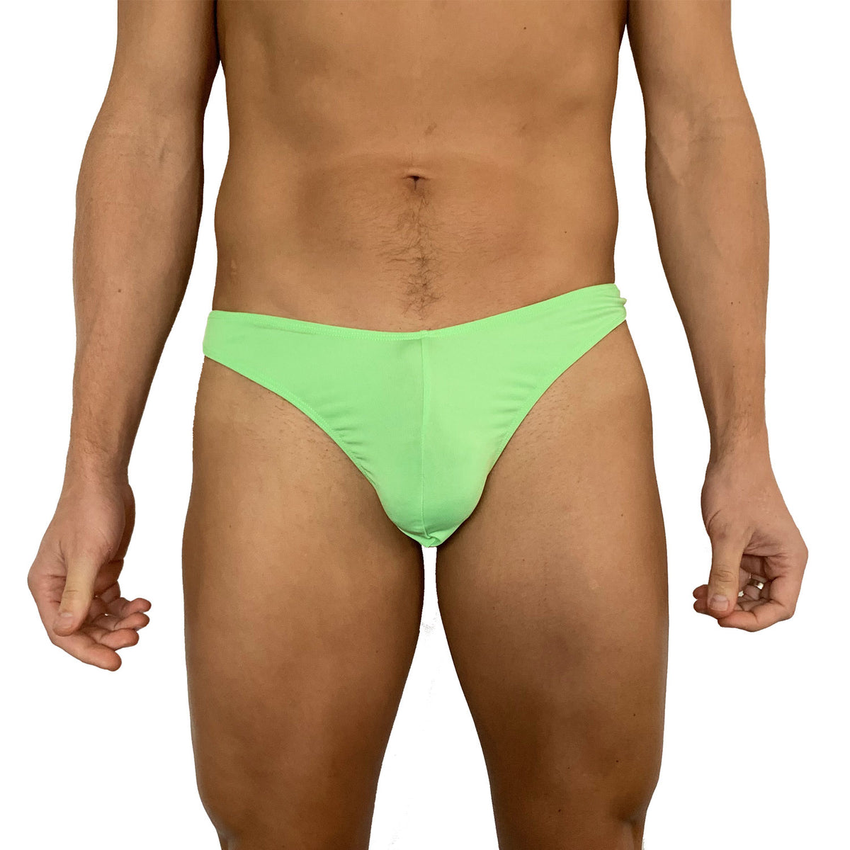 Men's Pouch Front, G-String thong shown in Neon Green Milliskin Tricot  Spandex